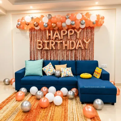 Rose Gold & Peach Happy Birthday Balloon Decoration in Chembur, Mumbai - Birthday Decoration