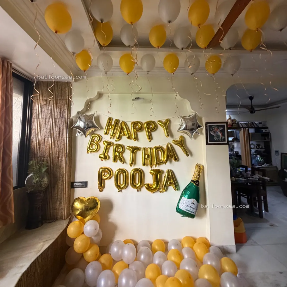 Golden & Silver Champagne Theme Birthday Balloon Decoration in Mumbai - Balloonzaa