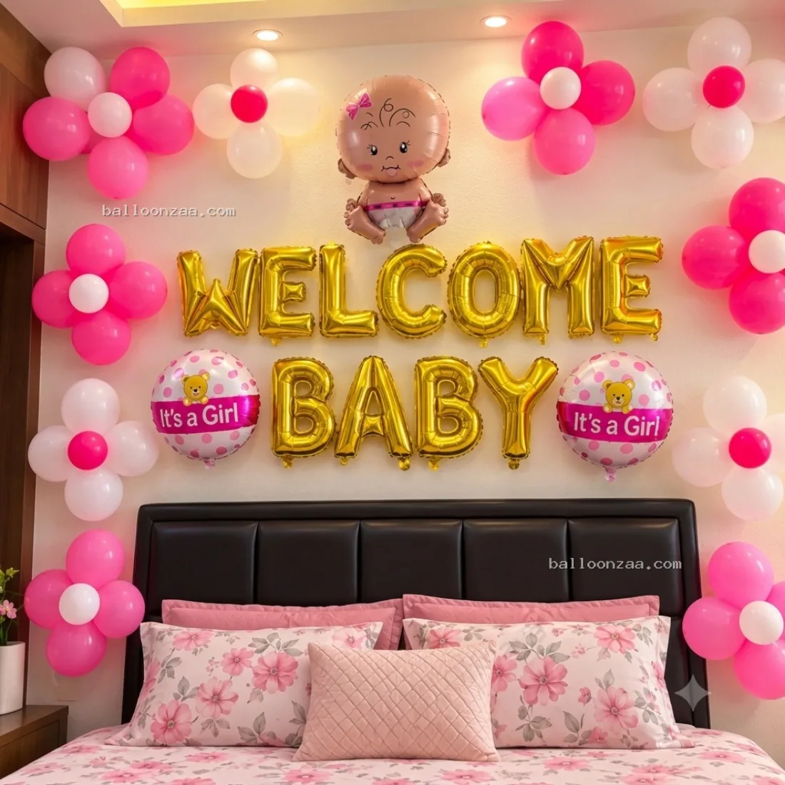 Pink & Gold Welcome Baby Girl Balloon Decoration in Gurgaon - Balloonzaa