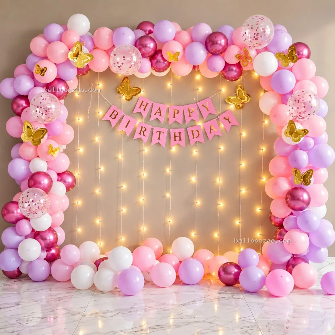 Pink & Purple Butterfly Balloon Arch with Fairy Lights