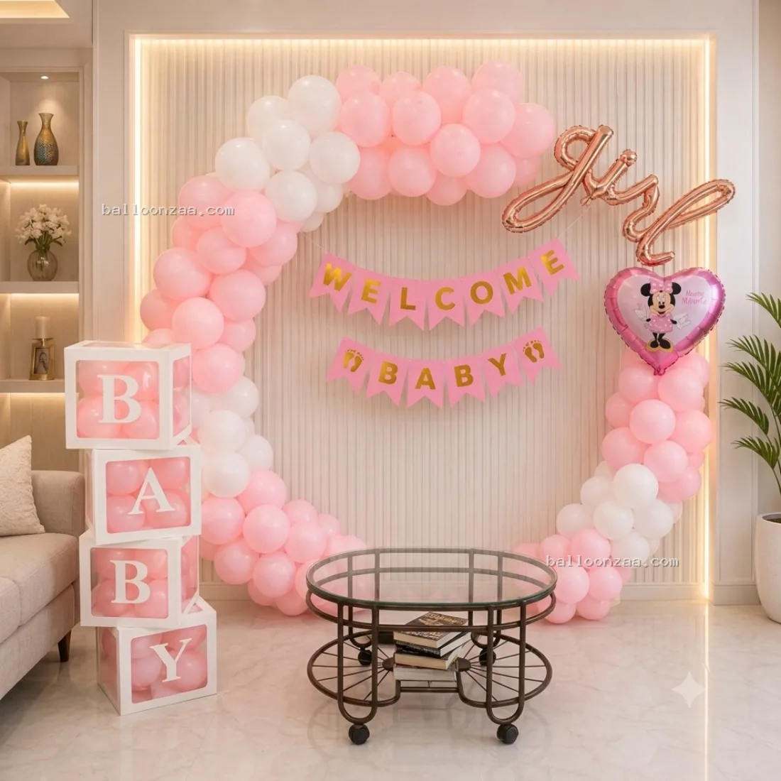 Pink, White & Silver Welcome Baby Balloon Decoration in Mumbai - Balloonzaa