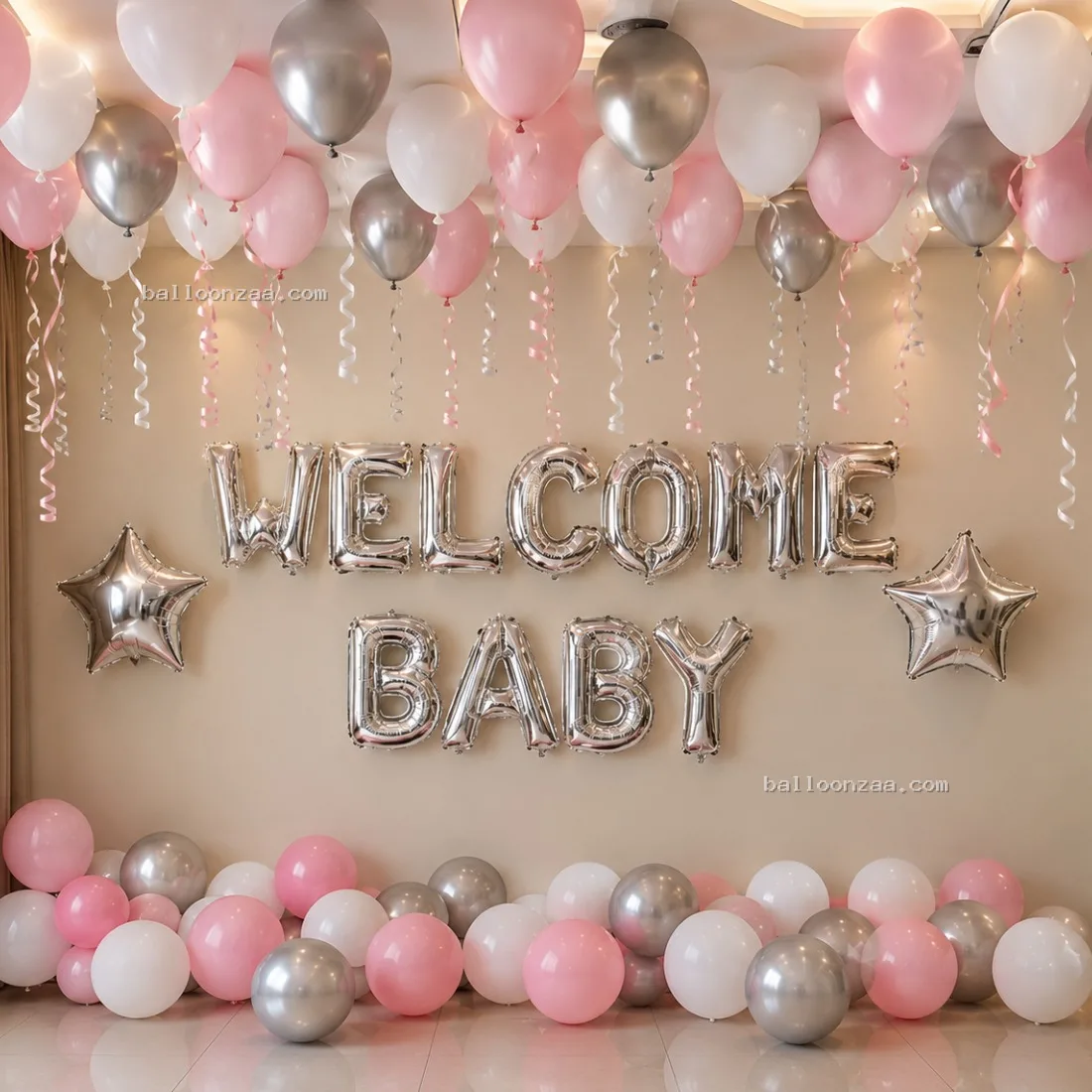 Pink, White & Silver Welcome Baby Balloon Decoration in Gurgaon - Balloonzaa
