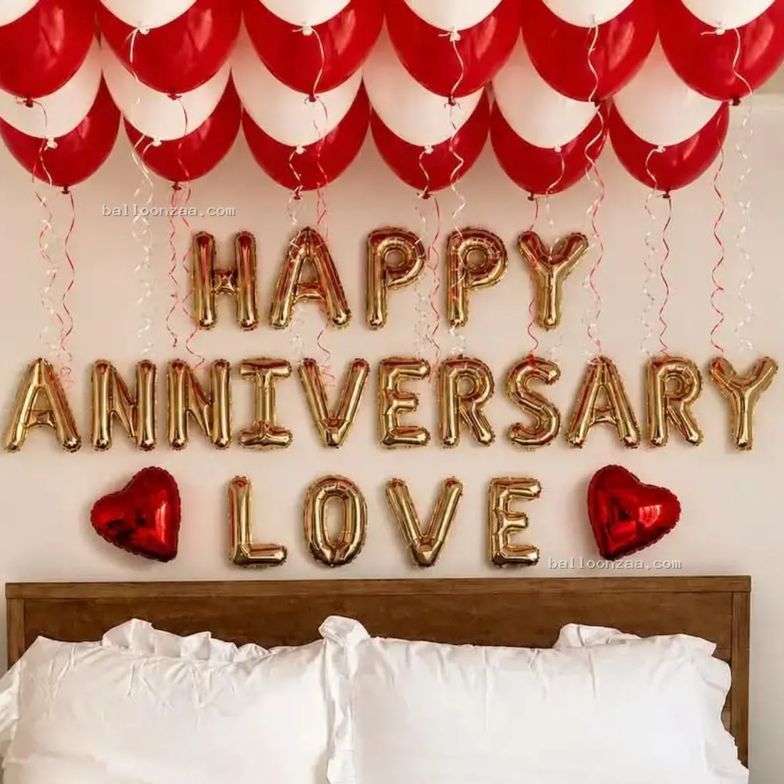 Red & White Happy Anniversary Balloon Decoration with Rose Petals in Mumbai - Decoration Photo 2