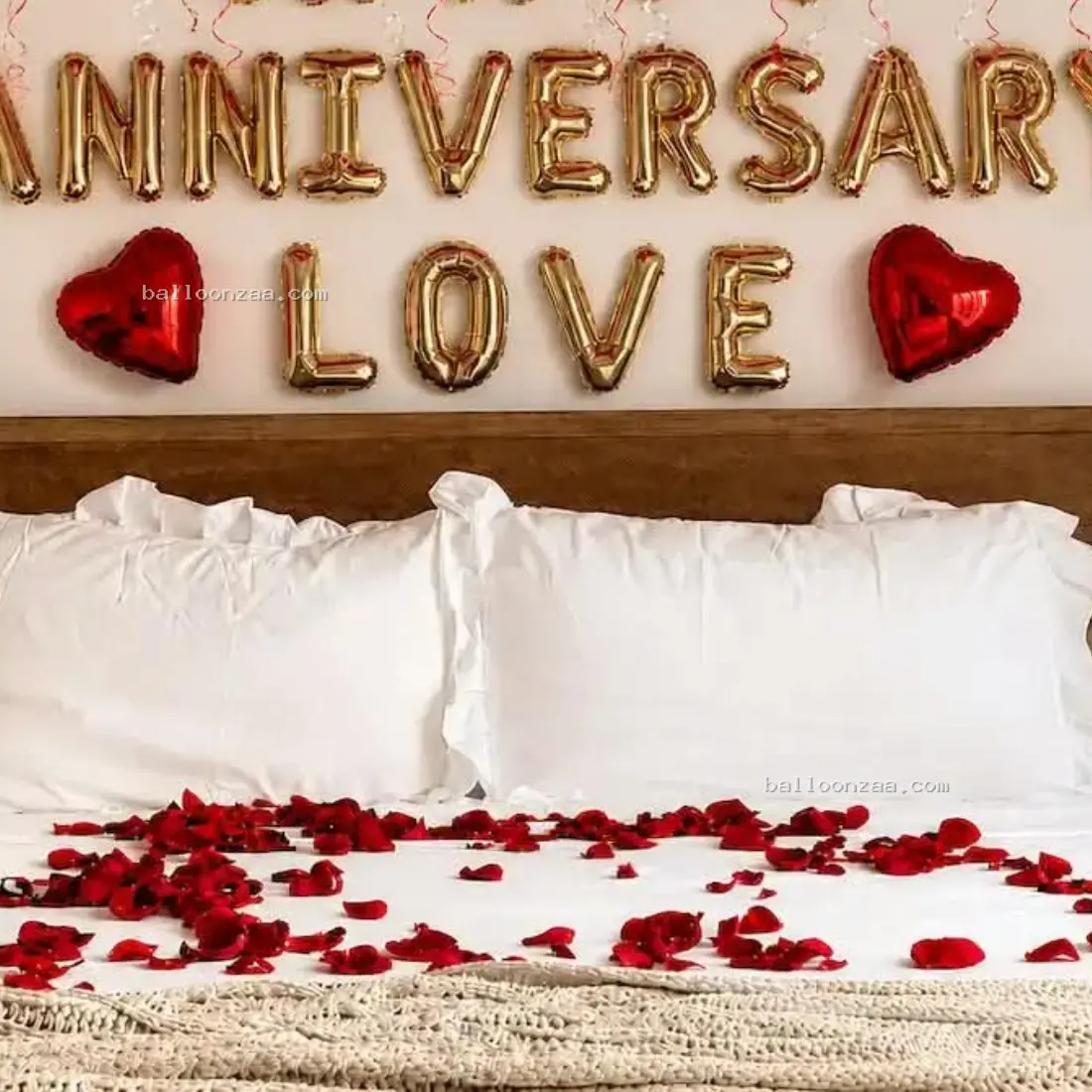 Red & White Happy Anniversary Balloon Decoration with Rose Petals in Mumbai - Decoration Photo 3