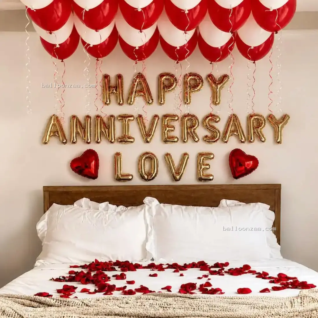 Red & White Happy Anniversary Balloon Decoration with Rose Petals in Mumbai - Balloonzaa